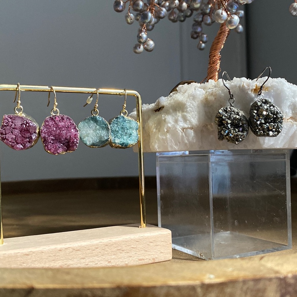 3 Pairs Dyed Druzy Quartz Geode Gold Electroplated Gemstone Drop Earrings